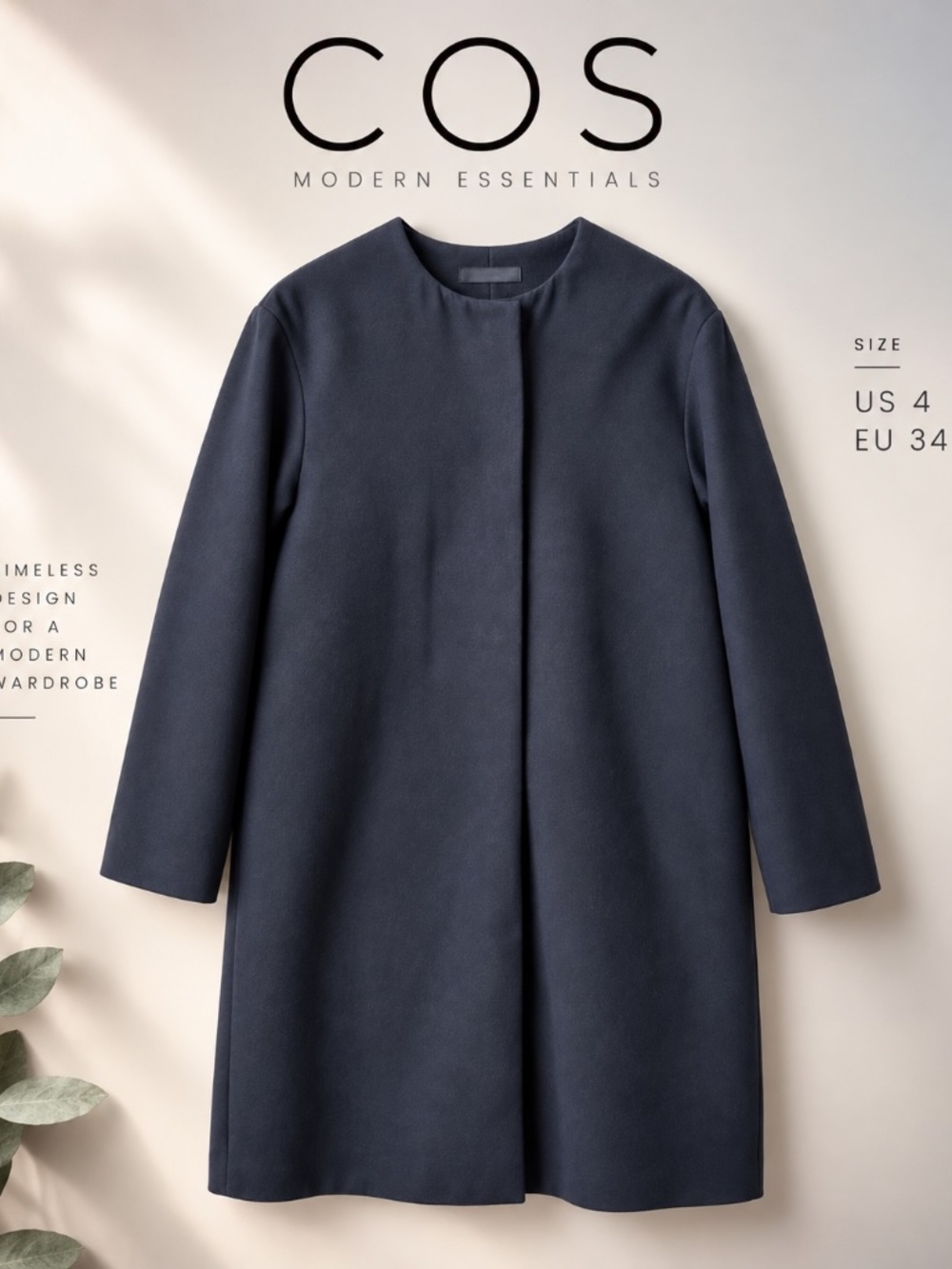 COS Black Minimalist Collarless Coat Jacket Size 4 / EU 34